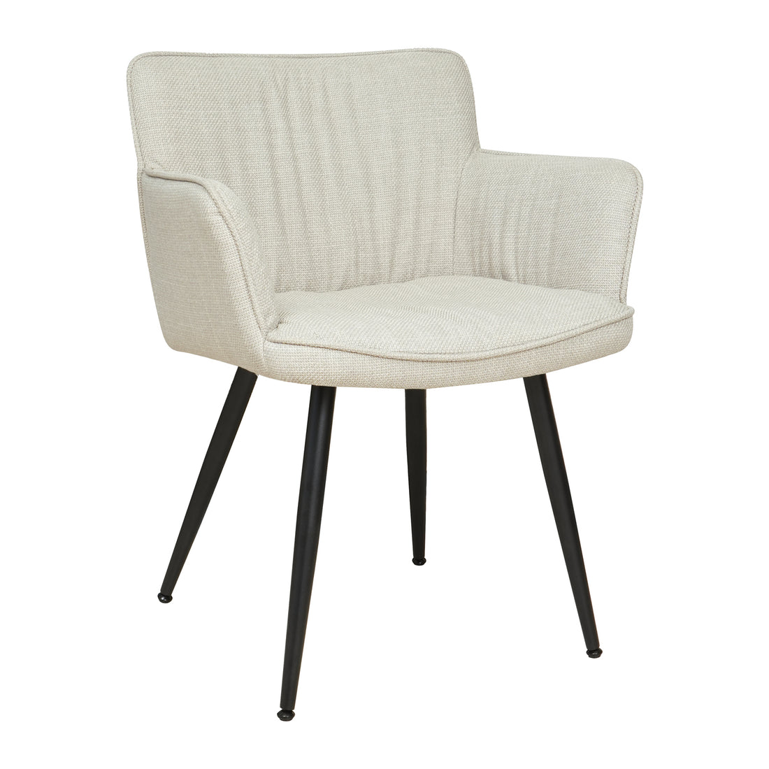 Anthony Linen Dining Chair with Arms Set of 2 in Beige features a curved upholstered seat, high armrests, and slim black metal legs, offering a modern, comfortable addition to any dining space.