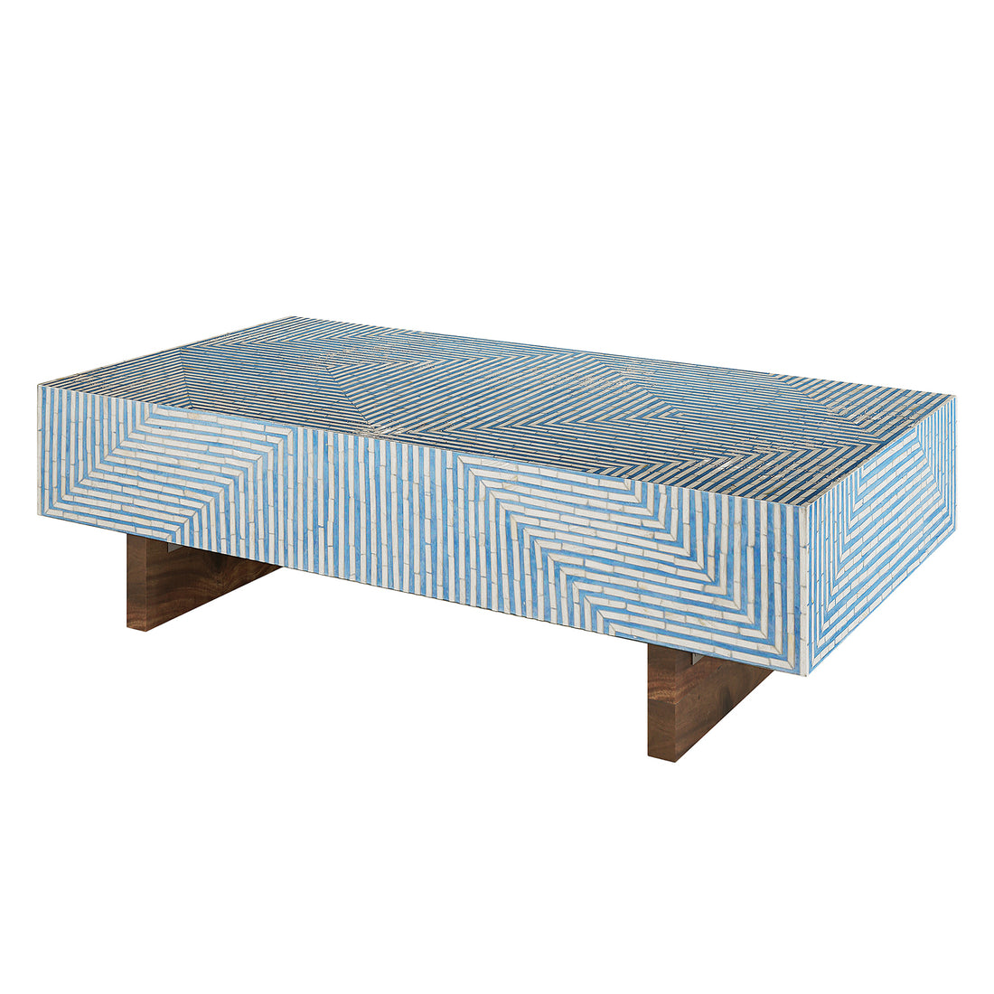 Rectangular coffee table with blue and ivory mother of pearl inlay geometric pattern, brass legs