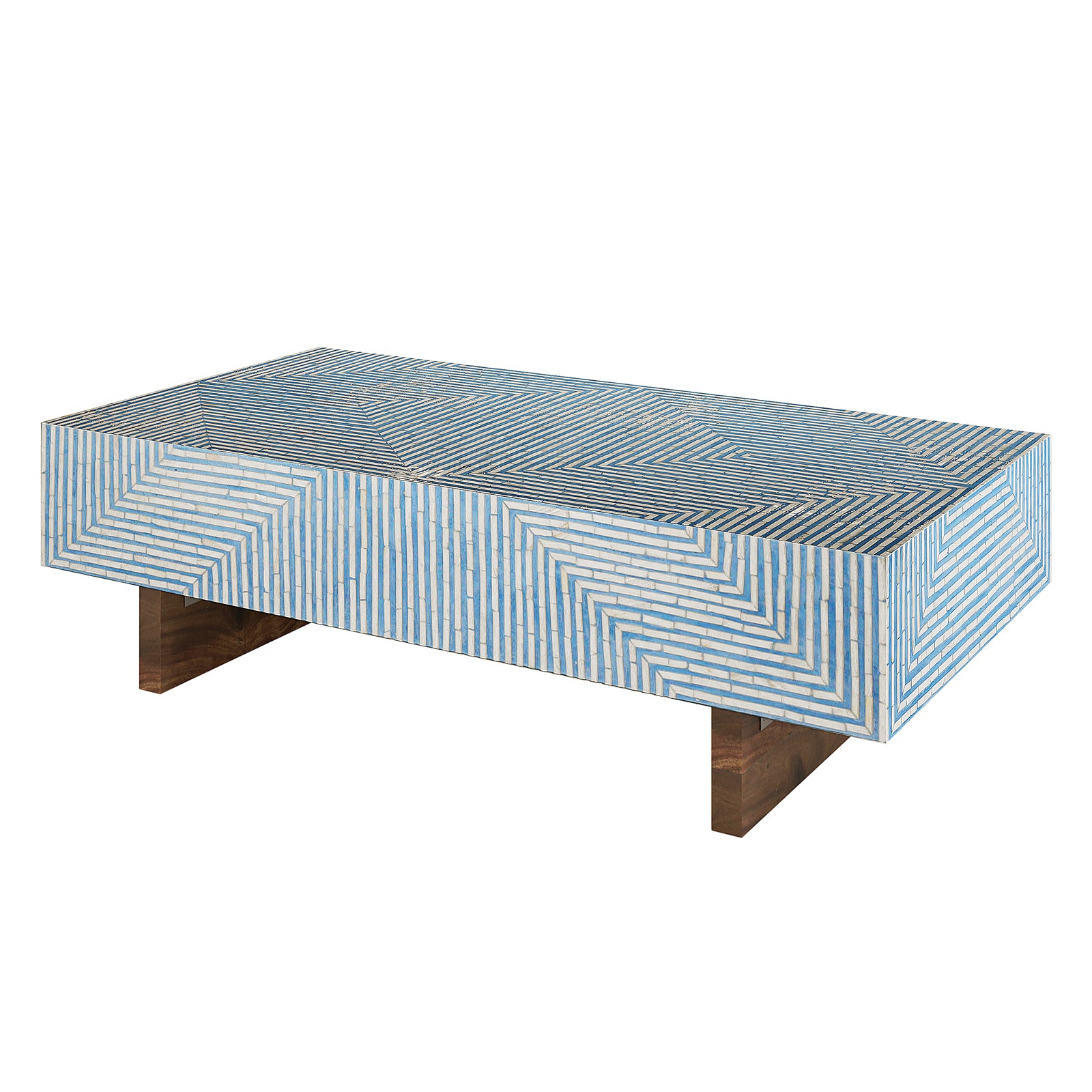 Rectangular coffee table with blue and ivory mother of pearl inlay geometric pattern, brass legs