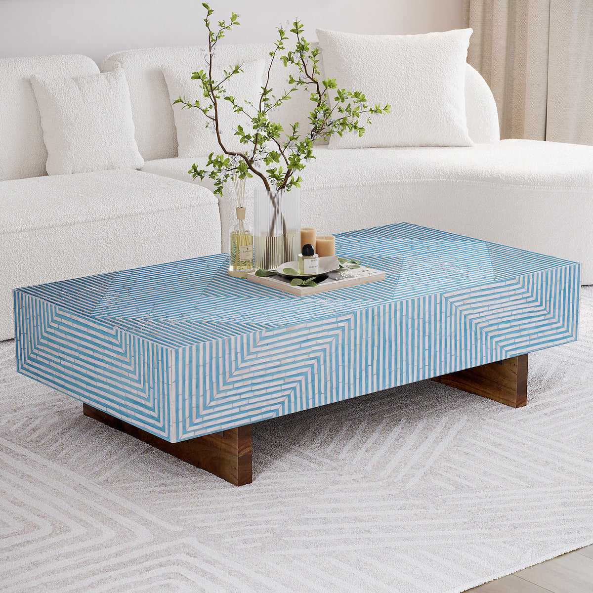 Audino Mother of Pearl Inlay Coffee Table Blue with Mixed Ivory