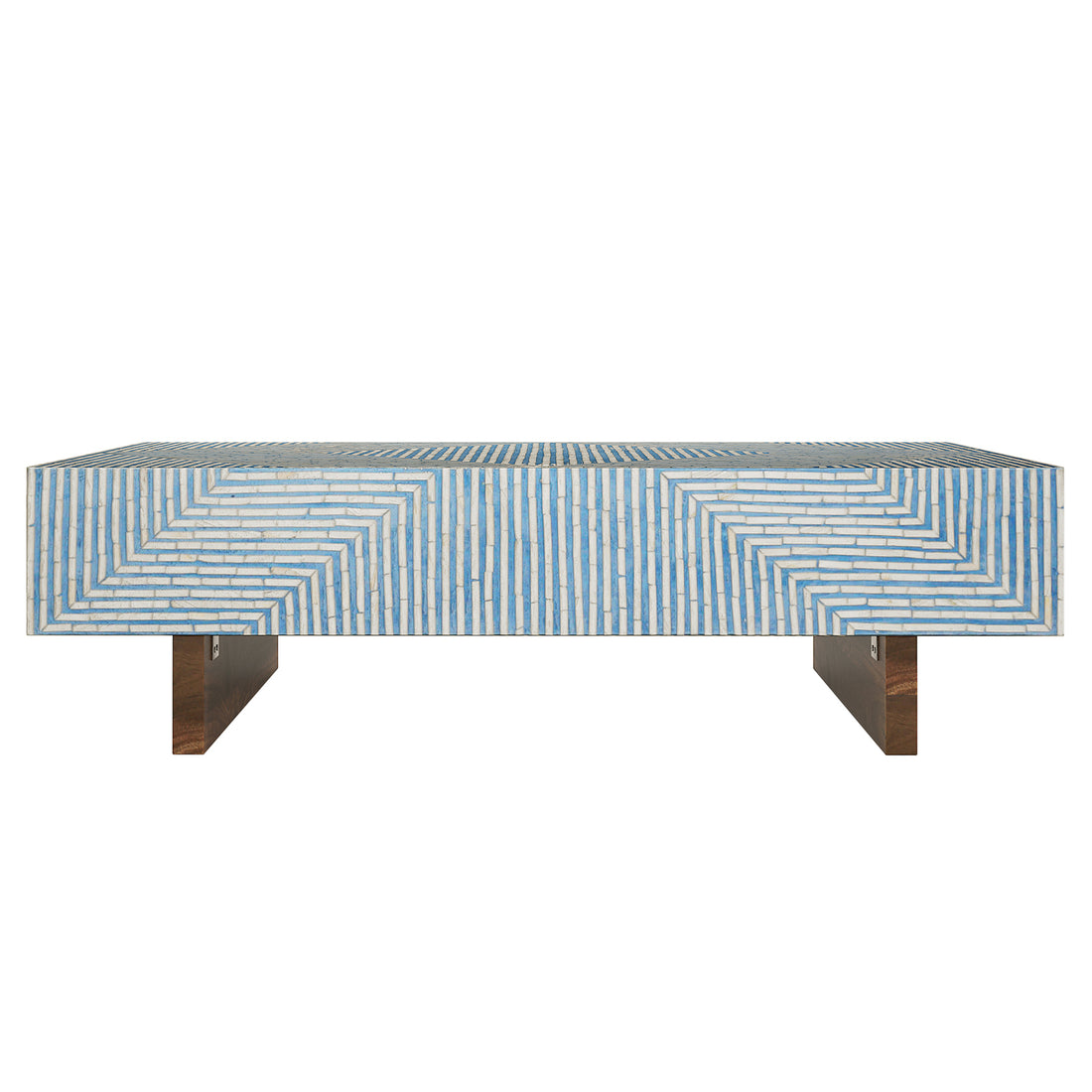 Audino Mother of Pearl Inlay Coffee Table Blue with Mixed Ivory, geometric striped pattern, two wooden legs