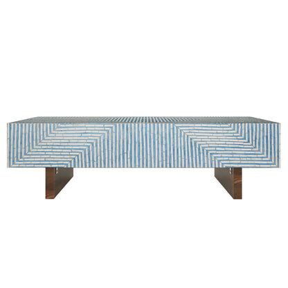 Audino Mother of Pearl Inlay Coffee Table Blue with Mixed Ivory, geometric striped pattern, two wooden legs