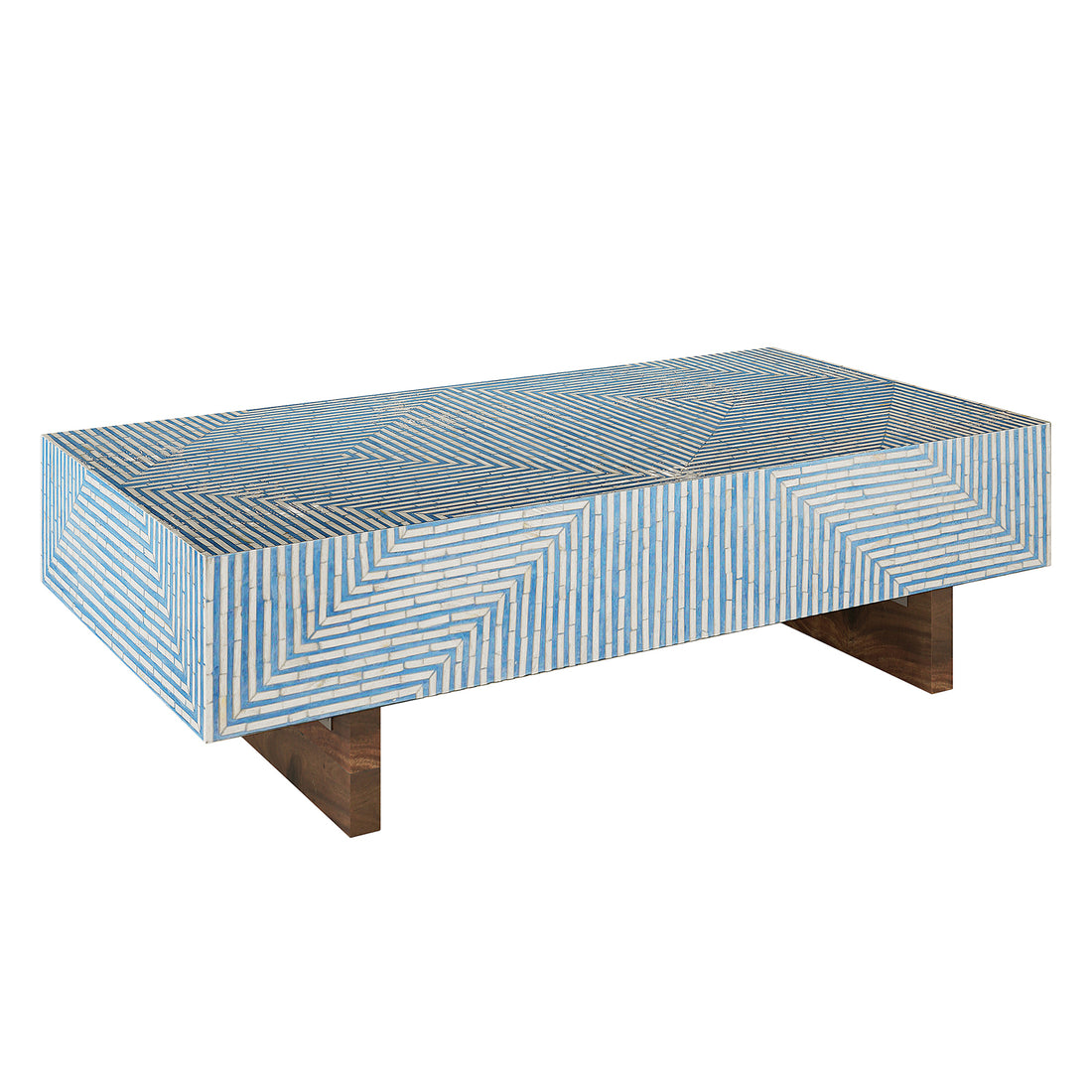 Rectangular coffee table with blue and ivory mother of pearl inlay geometric pattern, wooden block legs