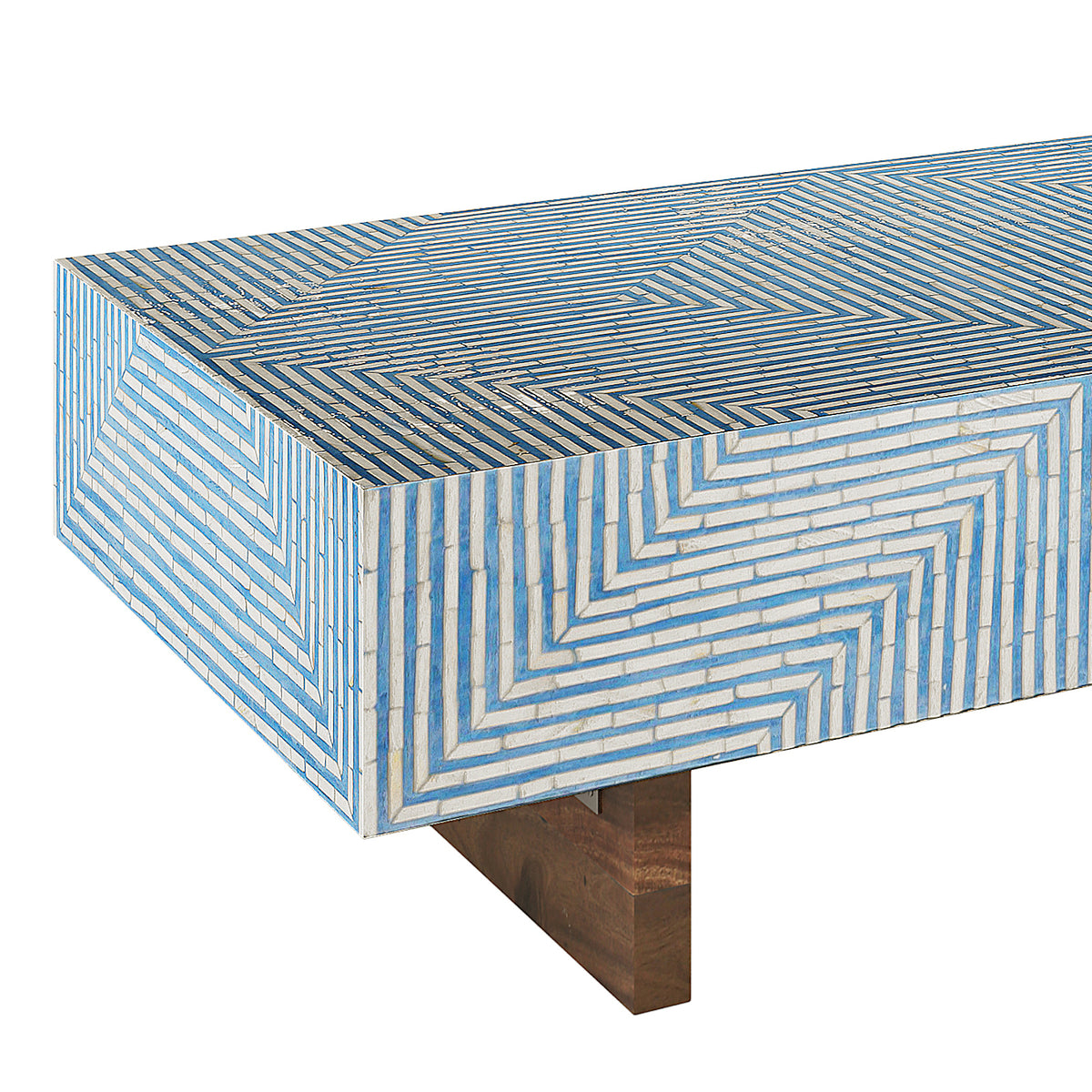 Rectangular coffee table with blue and white mother-of-pearl inlay geometric pattern, brass legs
