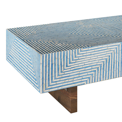 Rectangular coffee table with blue and white mother-of-pearl inlay geometric pattern, brass legs