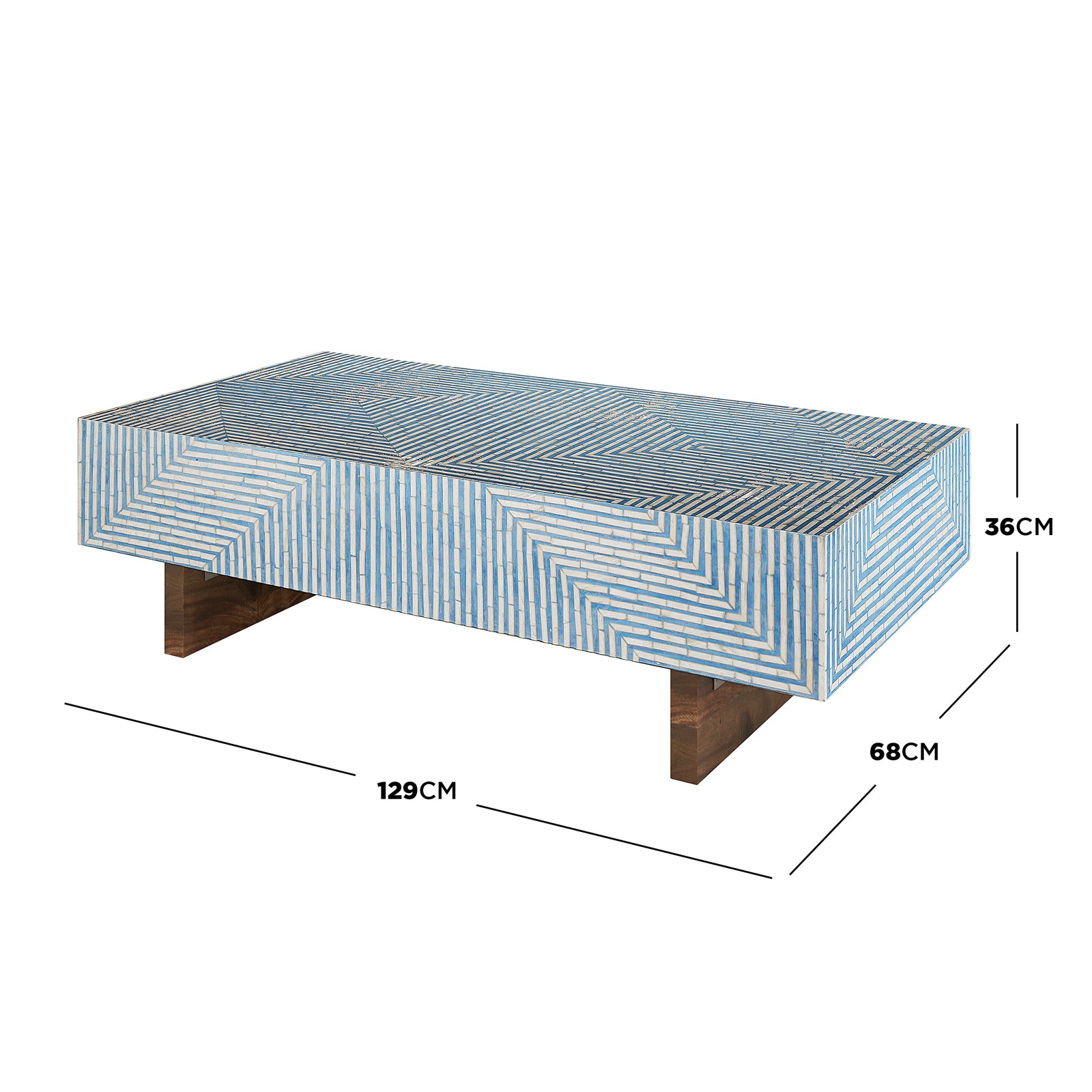 Audino Mother of Pearl Inlay Coffee Table in blue and ivory, 129cm x 68cm x 36cm, with geometric pattern and wooden legs