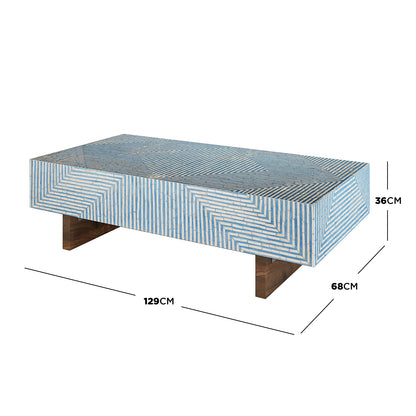 Audino Mother of Pearl Inlay Coffee Table in blue and ivory, 129cm x 68cm x 36cm, with geometric pattern and wooden legs
