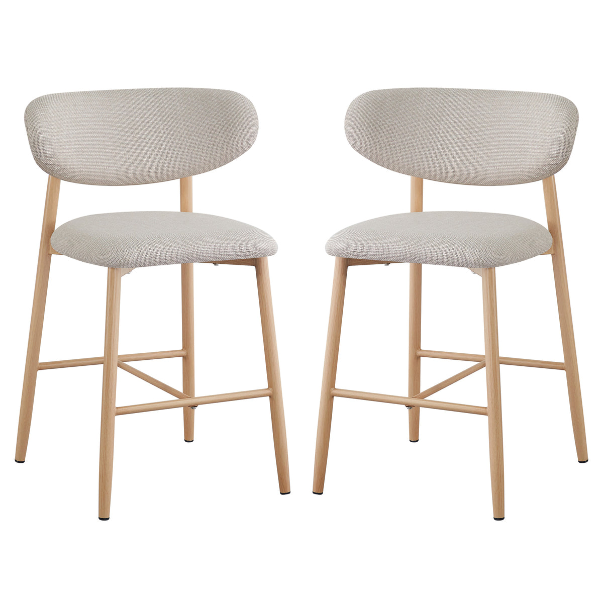 Audrey Curved Dining Chair & Bar Stool Bundle features light-wood legs and elegantly curved light-beige upholstered seats and backs, offering a luxurious and sophisticated design for premium interior spaces.