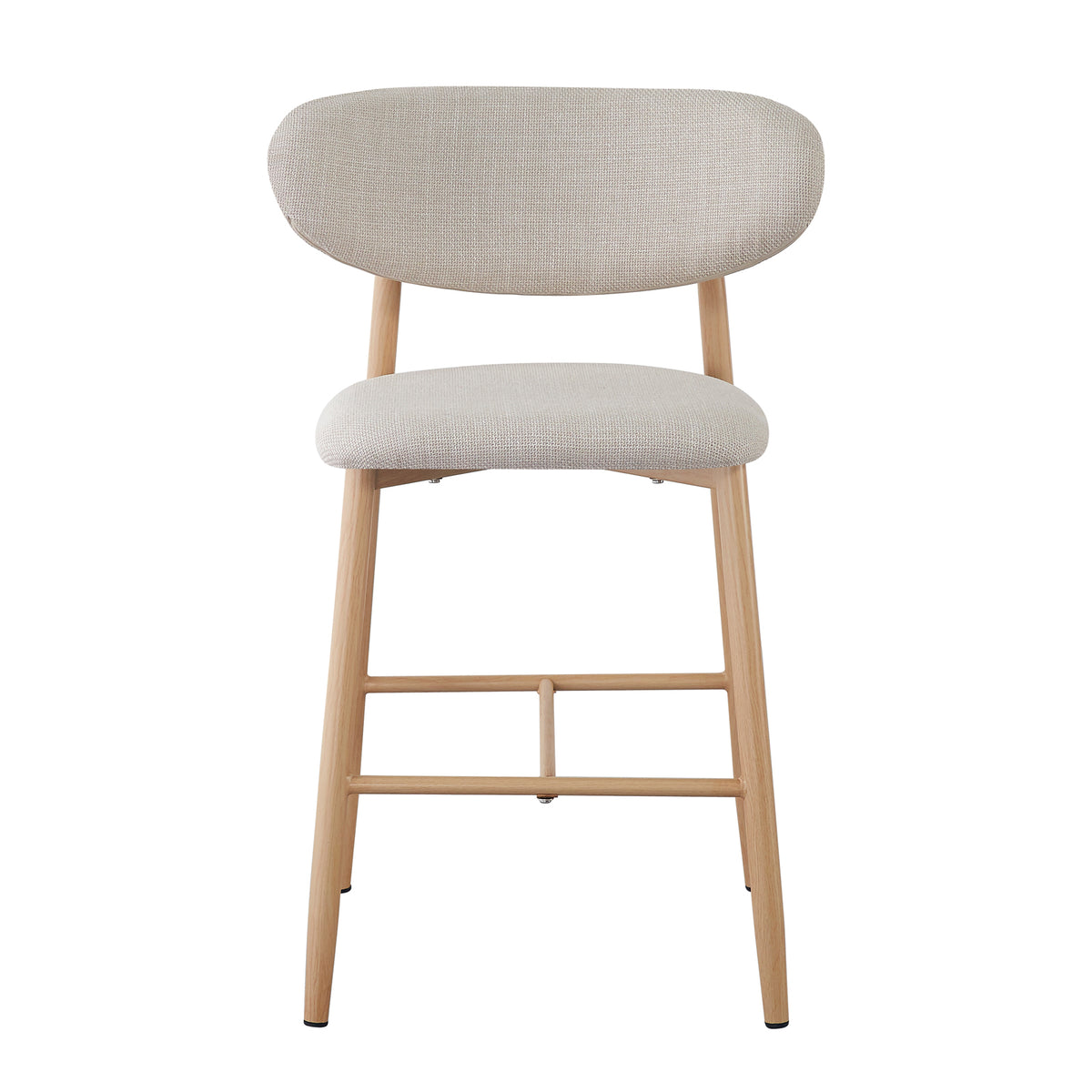 Audrey Curved Linen Barstool Set of 2 in Beige, featuring a modern design with lightly padded fabric seats and backrests on pale wood-look metal legs, perfect for stylish kitchen or bar settings.
