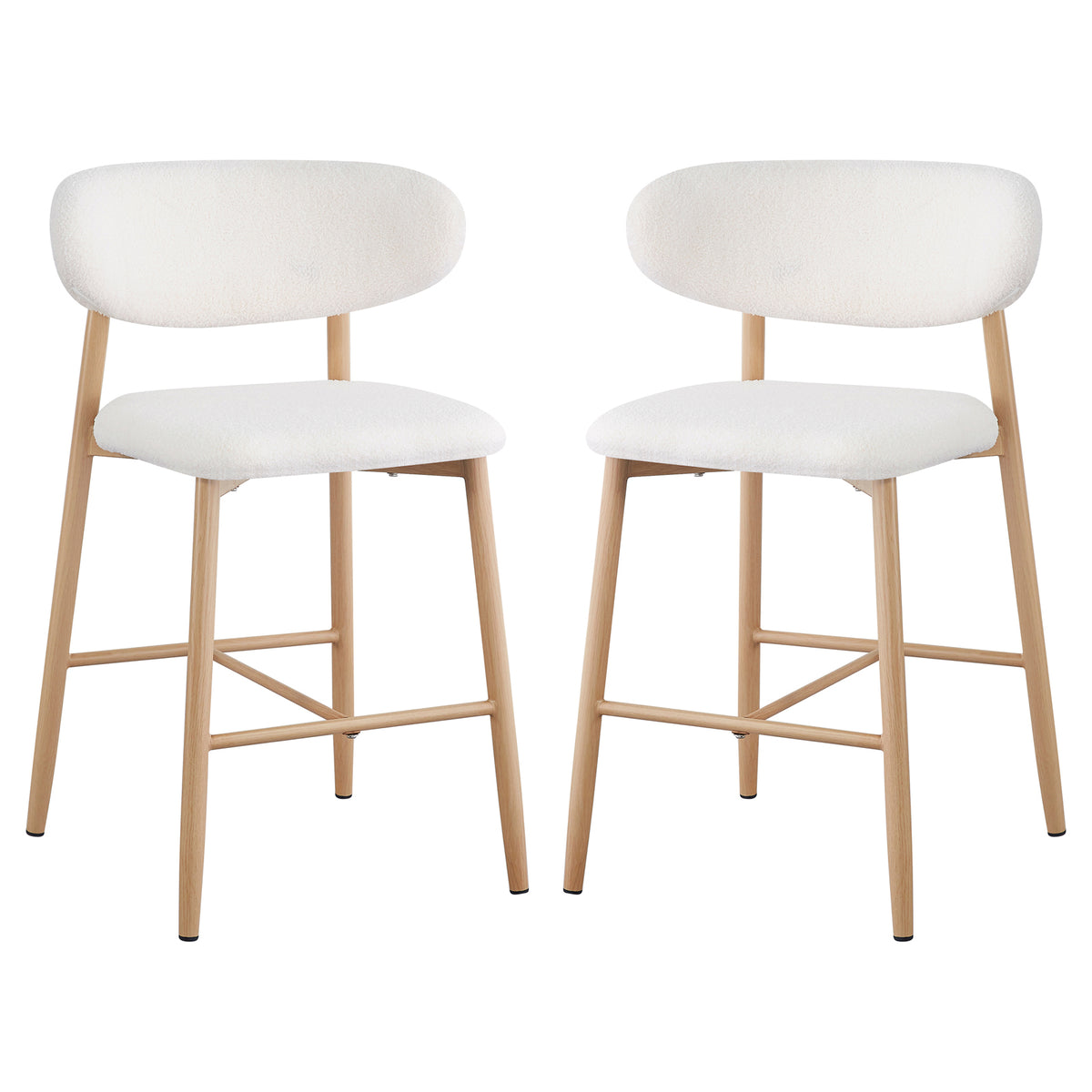 Audrey Boucle Barstool Set of 2 - Cream white featuring boucle upholstery, thick foam padding, and sturdy metal legs with wood-finish cover, designed for kitchen islands or home bars.