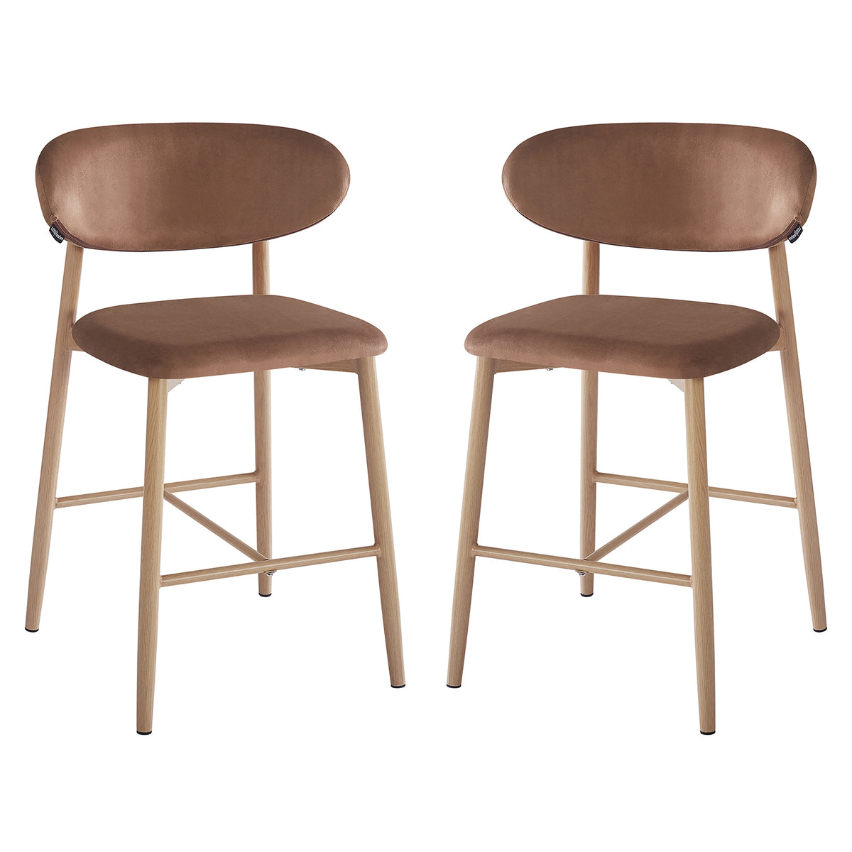 Audrey Velvet Fabric Upholstered Barstool Mocha Mousse Set of 2 features curved padded seats and backrests, supported by light-wood-tone legs with cross-bracing, blending modern elegance and ergonomic comfort.
