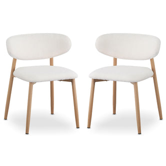 Audrey Curved Fabric Dining Chair Set of 2 in Cream White features rounded backrests, white bouclé upholstery, and tapered light-wood legs, suitable for contemporary or Scandinavian-inspired interiors.