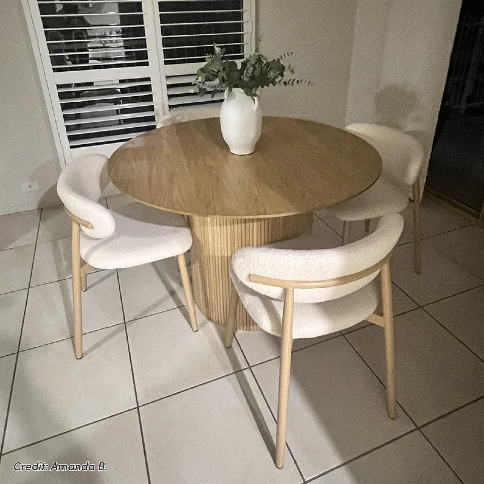 Audrey Curved Fabric Dining Chair Set of 2 in Cream White with rounded backrests, bouclé upholstery and tapered light-wood