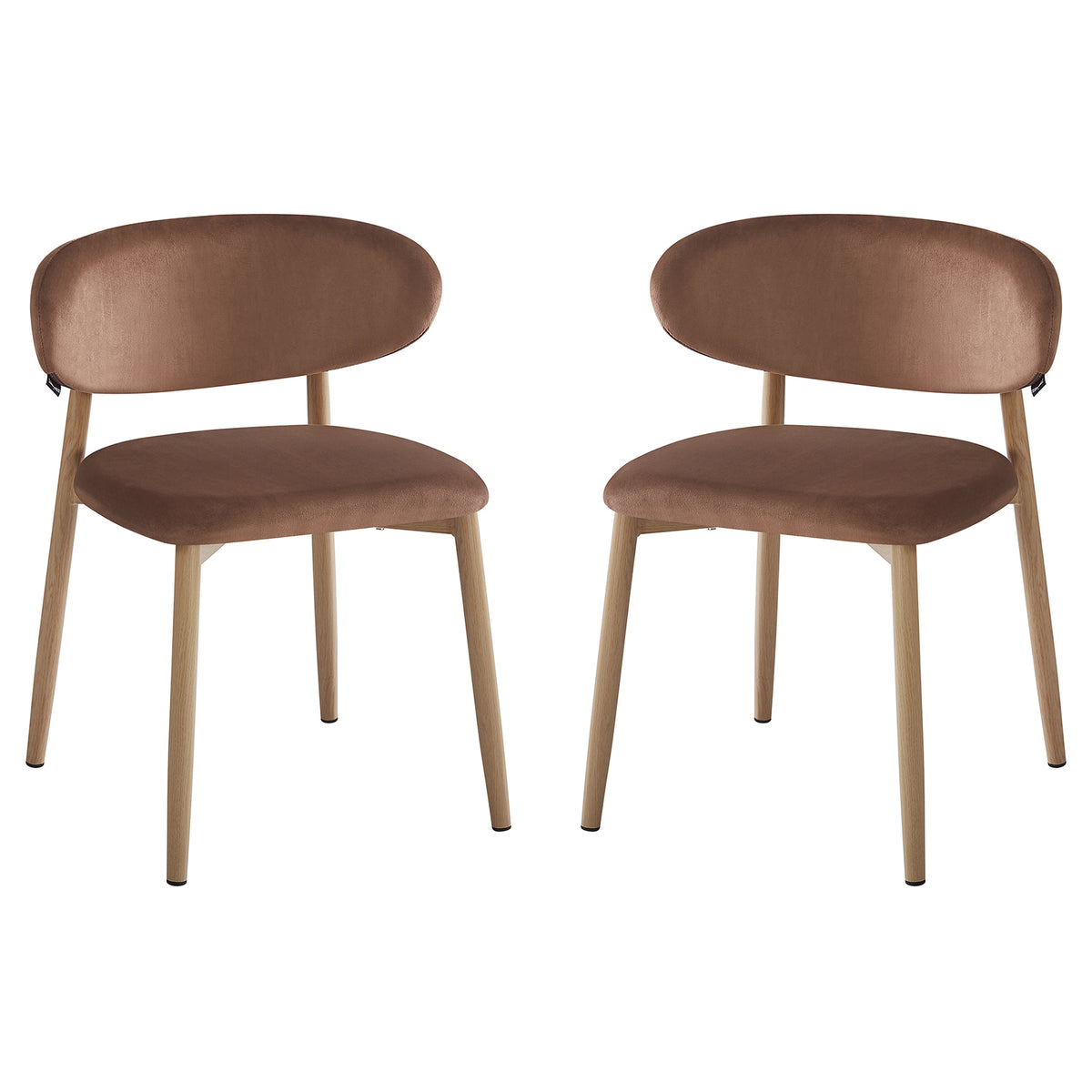 Audrey Fabric Dining Chair Mocha Mouses Set of 2 features modern dining chairs with oval backrests and padded seats on slender wood-look metal legs, offering refined style and comfort for dining spaces.