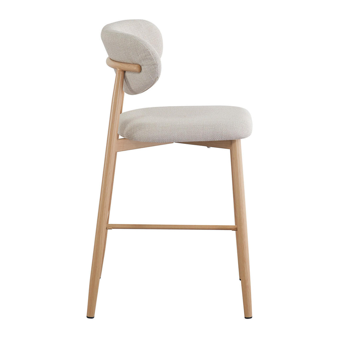 Audrey Curved Bar Stool & Dining Chair Set of 4 in Beige showcases light wood frames with triangular profiles, padded beige upholstery, and a footrest, blending modern elegance with comfort.