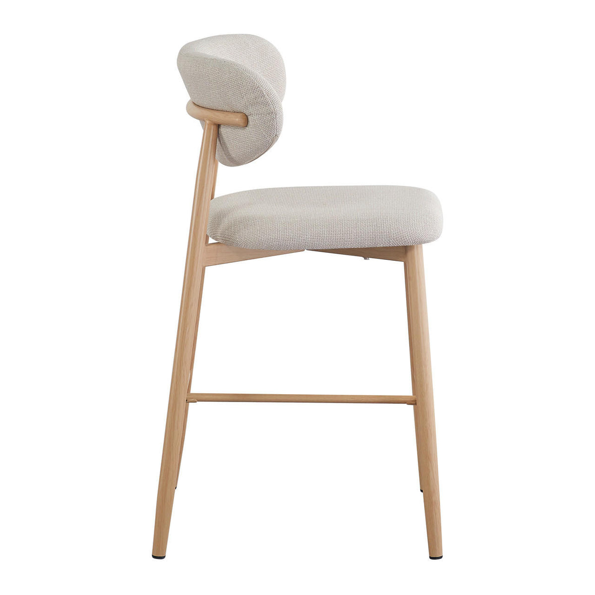 Audrey Curved Bar Stool & Dining Chair Set of 4 in Beige showcases light wood frames with triangular profiles, padded beige upholstery, and a footrest, blending modern elegance with comfort.