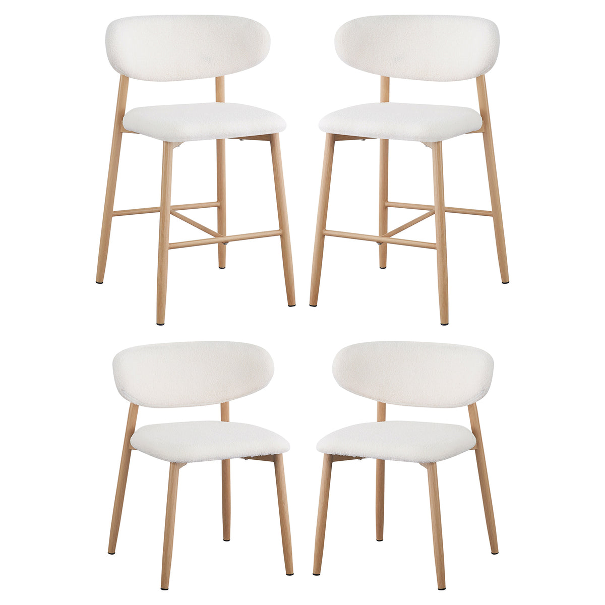Audrey Bar Stool and Dining Chair (Set of 4) - Cream White featuring light wood frames, plush white bouclé upholstery, two counter-height stools with footrests, and two standard dining chairs with elegant gold chrome-accented legs.