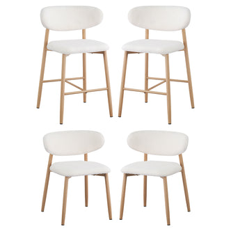 Audrey Bar Stool and Dining Chair (Set of 4) - Cream White featuring light wood frames, plush white bouclé upholstery, two counter-height stools with footrests, and two standard dining chairs with elegant gold chrome-accented legs.