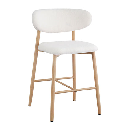 Audrey Curved Bar Stool & Dining Chair Set of 4 features a modern, white upholstered seat with slender light-wood legs and cross-bracing, perfect for creating a seamless dining and kitchen space.