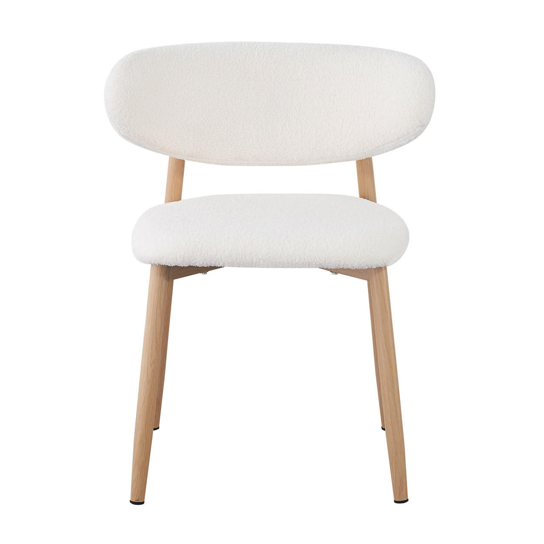 Audrey Curved Bar Stool & Dining Chair Set of 4 in Cream White, featuring a modern minimalist design with curved, padded seats in boucle fabric and gently stained wooden legs.