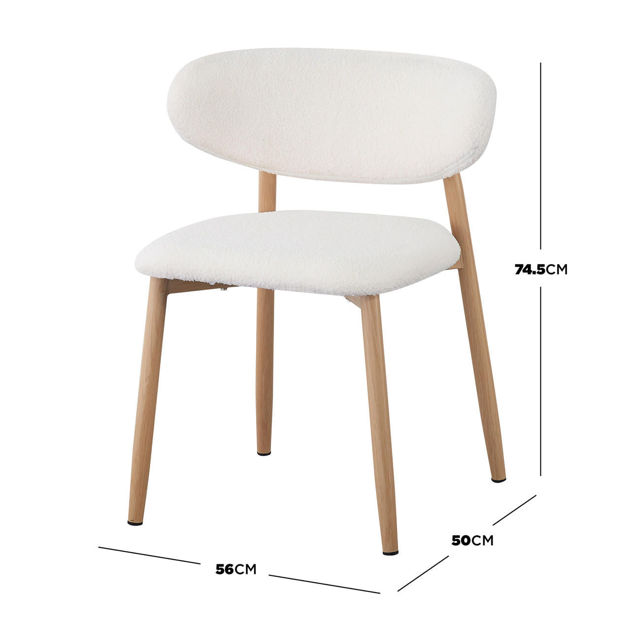 Audrey Curved Bar Stool & Dining Chair Set of 4 in Cream White features a mid-century design with boucle-upholstered seats, light wood legs, and visible dimensions, emphasizing minimalist style and functional elegance.