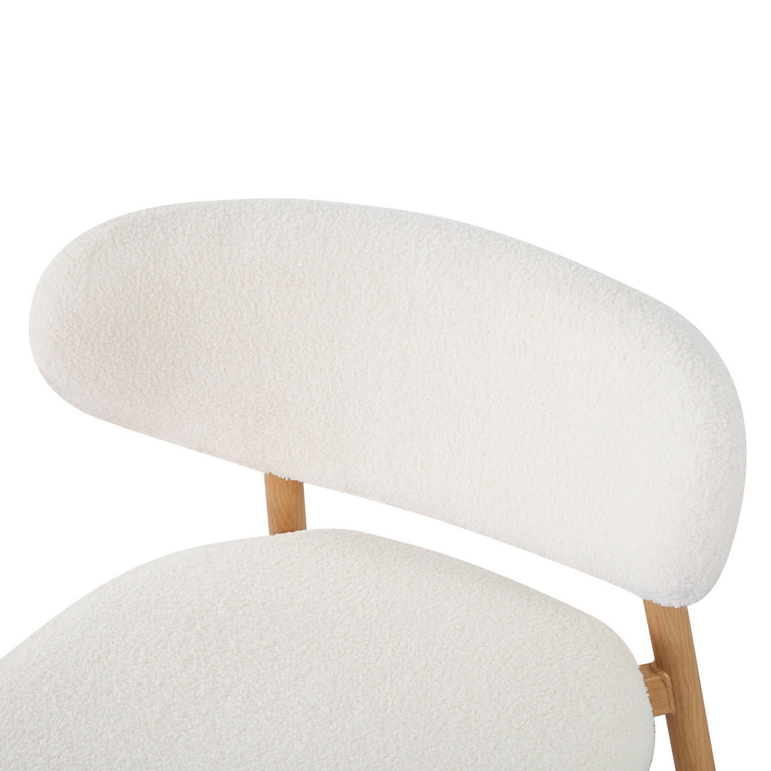 Audrey Curved Bar Stool & Dining Chair Set of 4 in Cream White features plush, cream-white boucle fabric on a modern, light wooden frame, highlighting the elegant, curved backrest and seat cushion design.