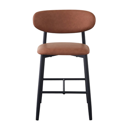 Audrey Curved Bar Stool features a padded brown leather-look seat and backrest on a black metal frame with footrest, offering modern style and comfort for open-plan dining and kitchen spaces.