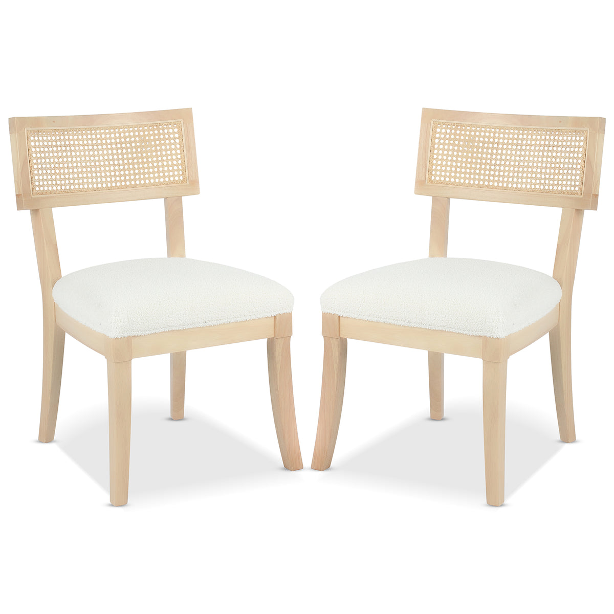 Avelino Hardwood & Rattan Dining Chair Set of 2 features light-wood frames with rectangular woven cane backrests and thick white upholstered seat cushions, offering a modern-vintage elegance to dining spaces.