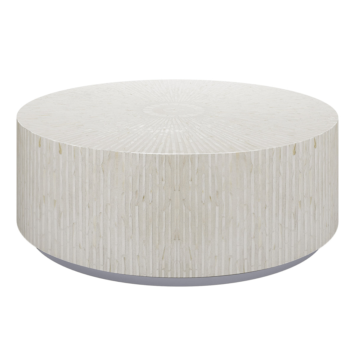Baltoy 100cm Mother of Pearl Inlay Coffee Table in Sand, featuring a round, drum-style design with textured stone veneer mosaic and recessed base, creating a sophisticated, modern focal point.