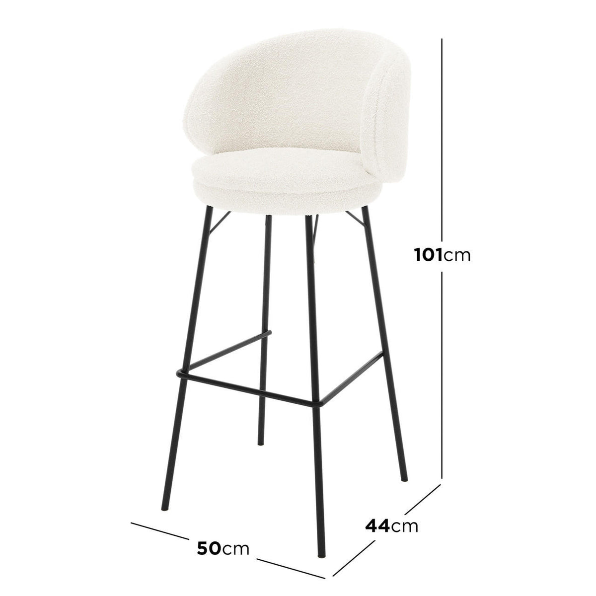 Belize High Back Boucle Bar Stool Set of 2 in Cream White features round padded seats, low curved backrests, slender black metal legs, and footrest, offering modern elegance and comfort.