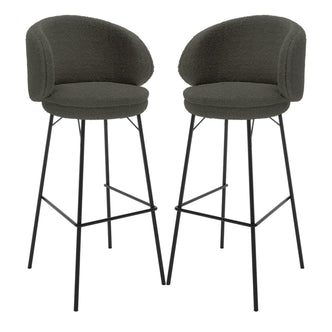 Belize High Back Boucle Bar Stool Set of 2 in Green, featuring round, padded seats with low curved backrests in boucle fabric, powder-coated metal legs with footrests, and anti-slip pads for stability.