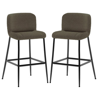 Bernie High Back Boucle Bar Stool Set of 2 in Green features boucle-style upholstered seats with low backs on slim black metal legs, complete with a square footrest for contemporary elegance.