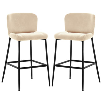 The Bernie High Back Velvet Bar Stool Set of 2 in Oatmeal features beige upholstered seats with low backrests, supported by matte-black metal legs and integrated footrests, offering modern elegance and comfort.