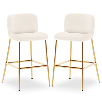 Bernie High Back Boucle Bar Stool Set of 2 in White, featuring creamy boucle upholstered seats, polished gold metal frames, slim legs, and square footrests, exuding sleek, contemporary elegance.