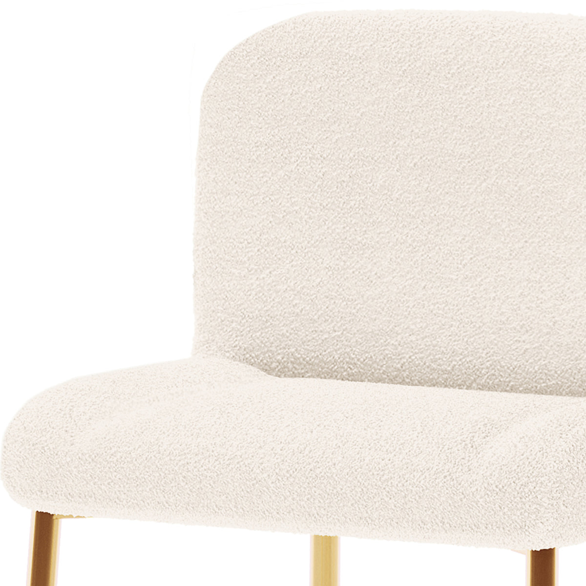 Bernie High Back Boucle Bar Stool Set of 2 in White features a close-up of cream boucle upholstery on the seat and lower backrest, accented by slender, gold-tone metal legs.