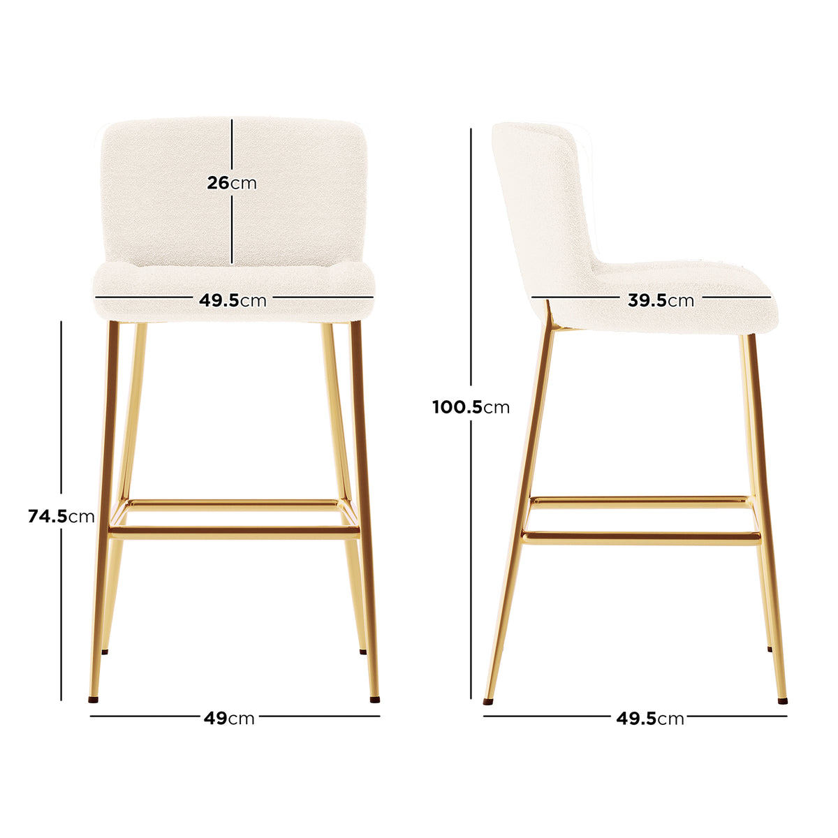 Bernie High Back Boucle Bar Stool Set of 2 in White, featuring white upholstered seats with gold-metal legs and footrest, shown in front and side views with detailed dimensions in centimeters.