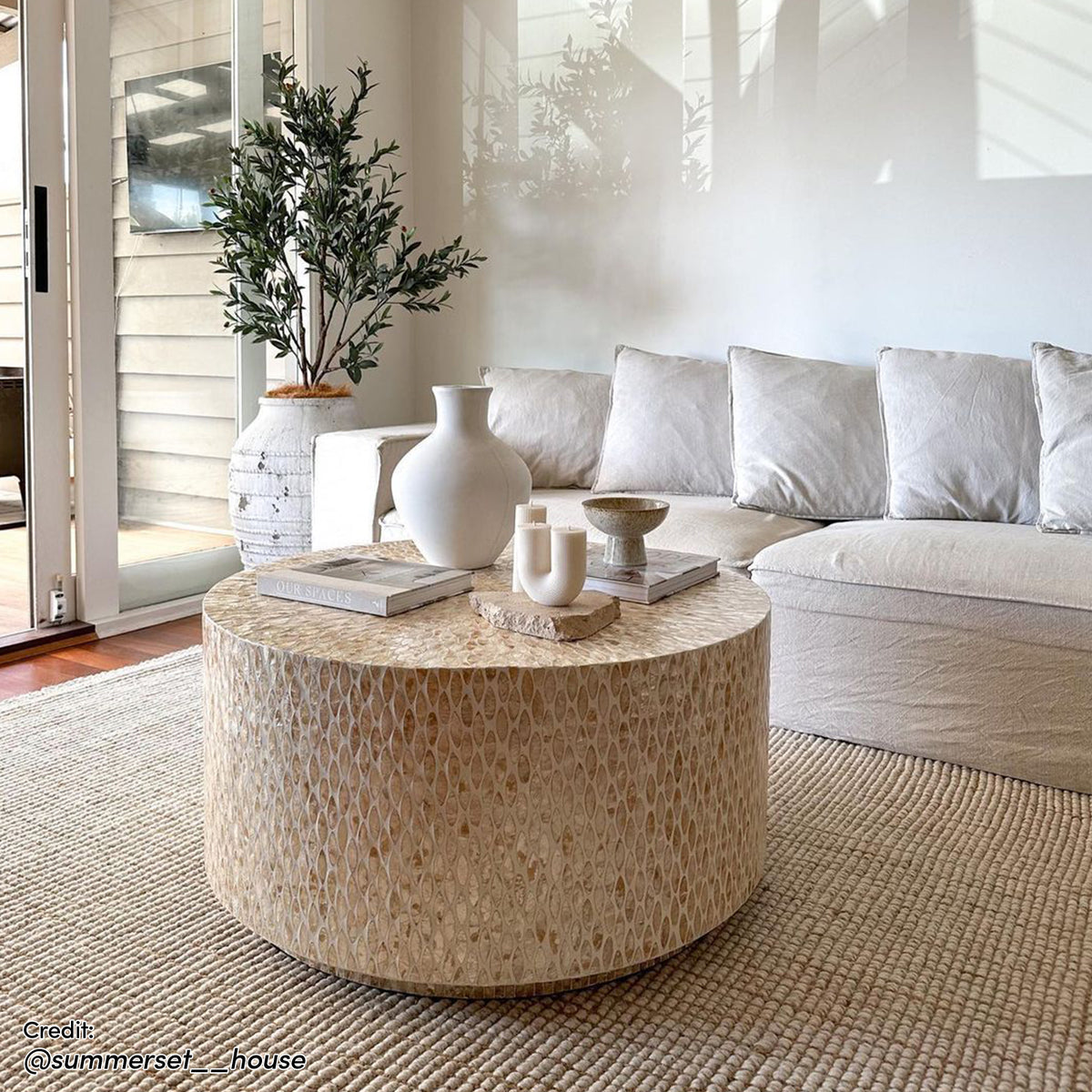 Bisera 91cm Mother of Pearl Inlay Coffee Table Beige, showcasing a hand-crafted mosaic of mother-of-pearl tiles with intricate, unique patterns, positioned elegantly as a centerpiece.