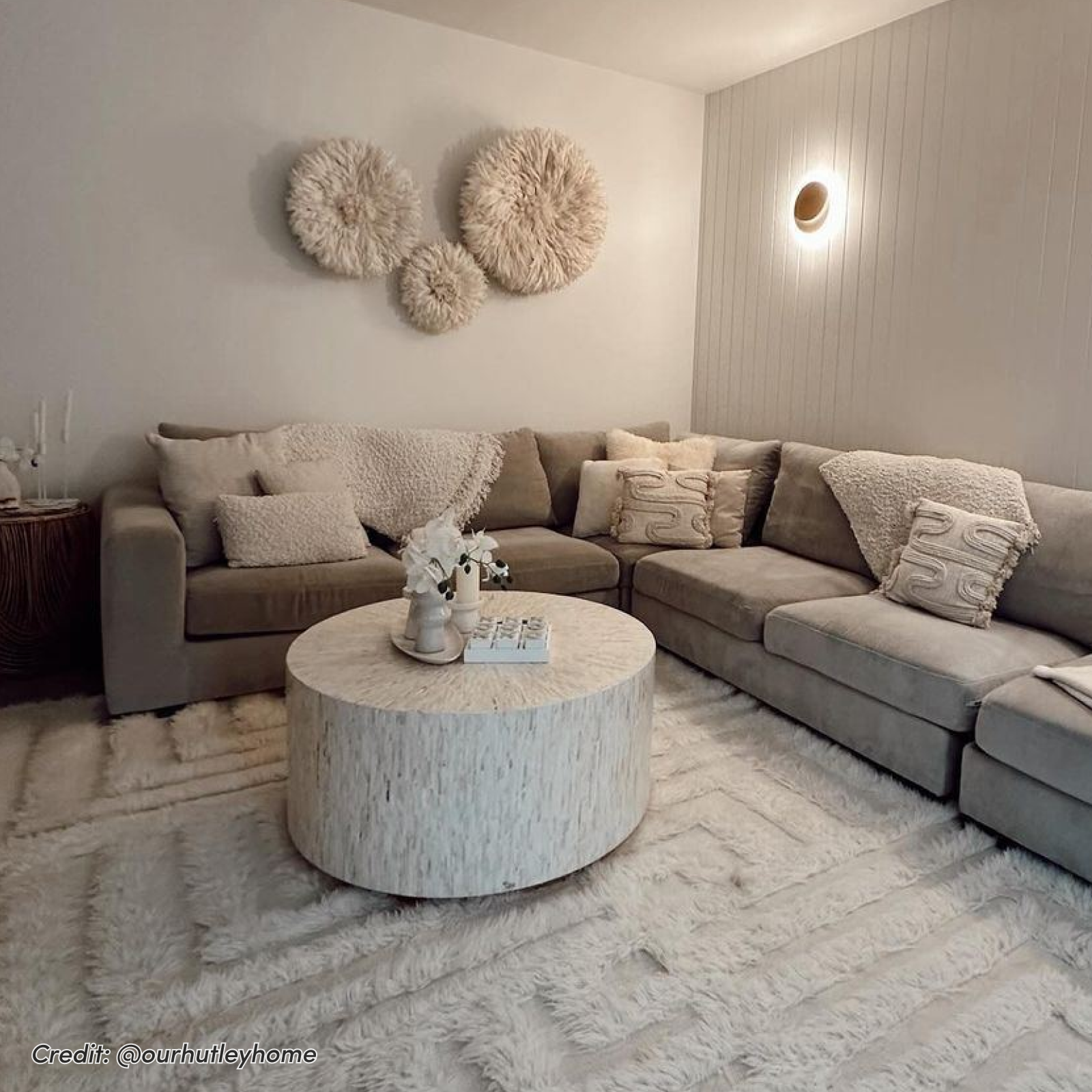 Bisera 91cm Mother of Pearl Inlay Coffee Table in Cream with round tabletop and textured base, displayed in a neutral-toned