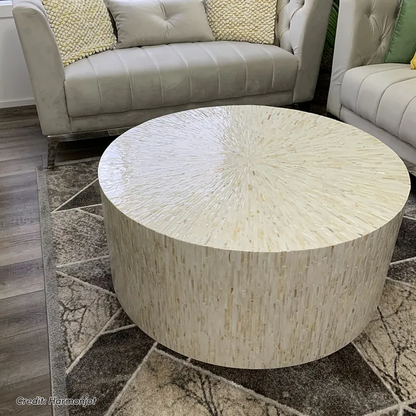 Bisera 91cm Mother of Pearl Inlay Coffee Table in Cream with round drum shape and radial mosaic pattern