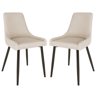 Blythe High Back Fabric Dining Chair Set of 2 in Beige features armless design, curved upholstered seats, and four slender dark-finished legs, combining modern style with comfort for dining areas.