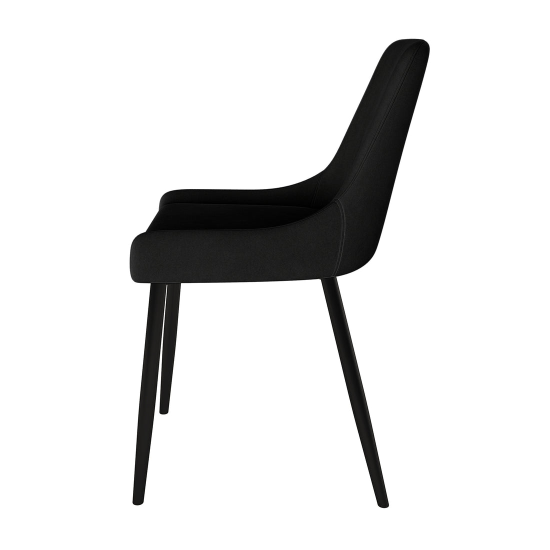 Blythe High Back Fabric Dining Chair Set of 2 in Black, featuring a modern design with gently curved backrest and seat, upholstered in velvet, resting on slender, slightly tapered black legs.