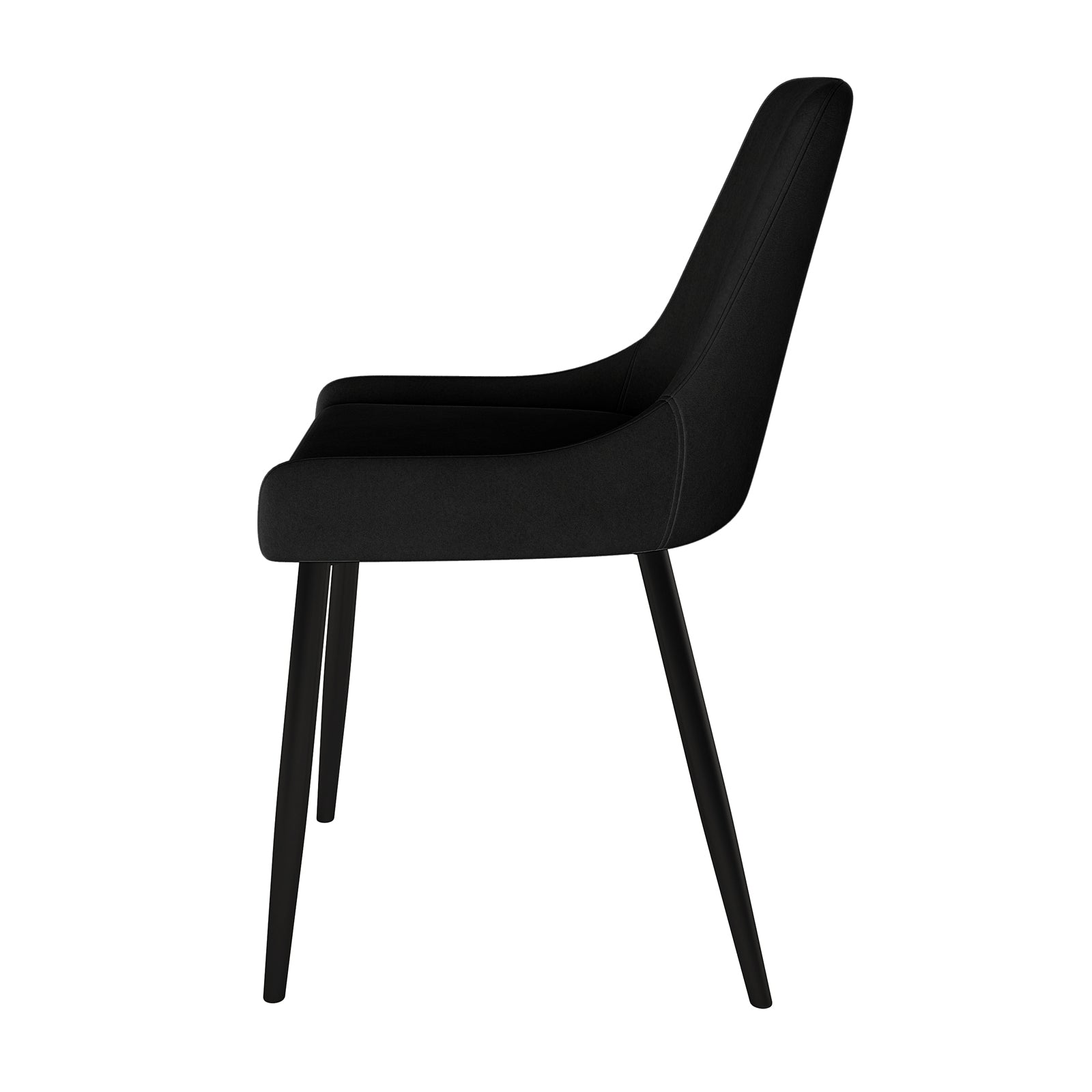 Blythe High Back Fabric Dining Chair Set of 2 in Black, featuring a modern design with gently curved backrest and seat, upholstered in velvet, resting on slender, slightly tapered black legs.
