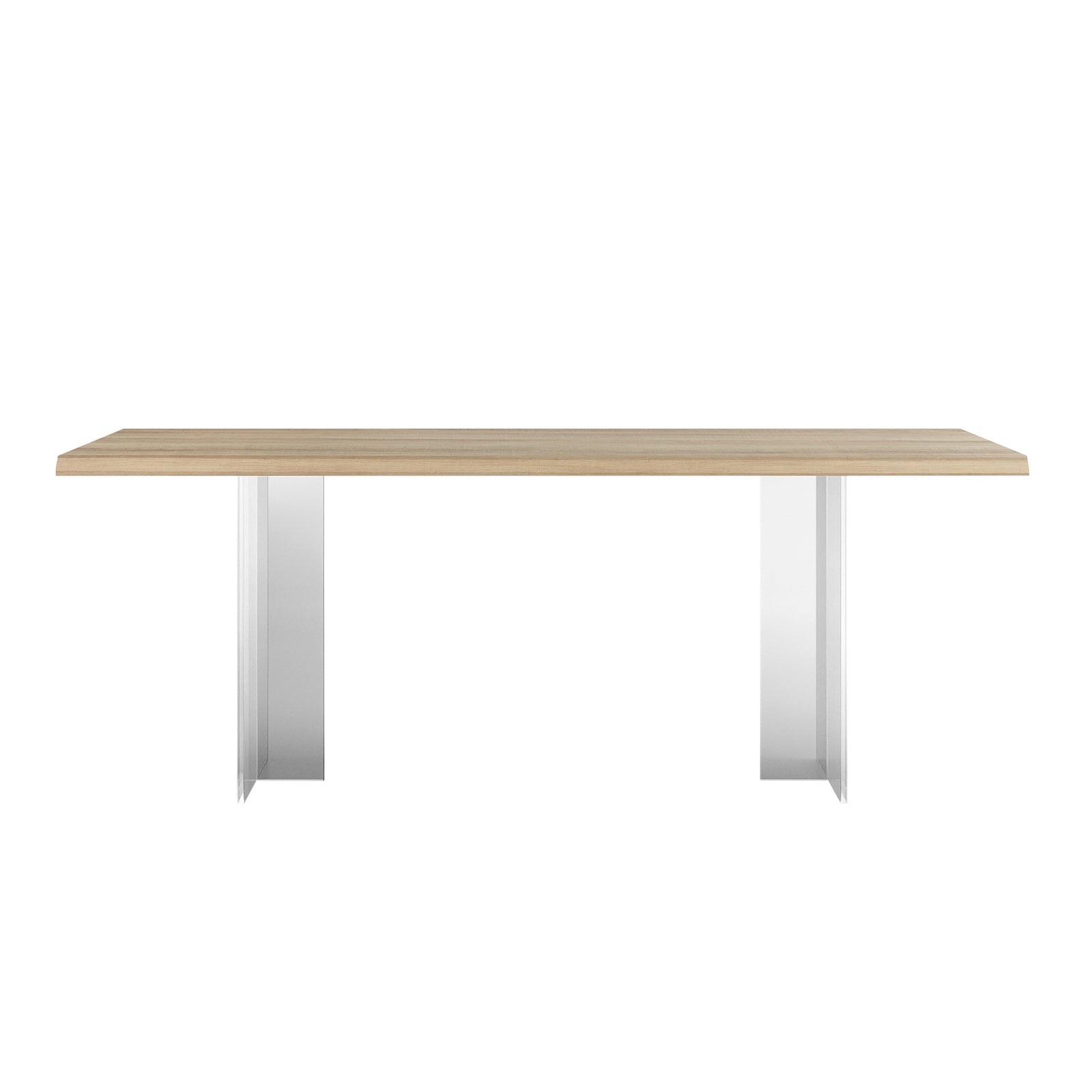 Close-up of the Bruno 200cm Acrylic Floating Dining Table Natural, highlighting its sleek design with a wood-look tabletop and clear acrylic legs, creating a modern, airy floating effect.