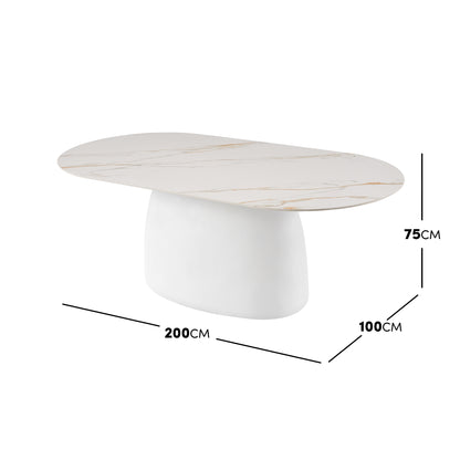 Modern oval marble-look table on a white background with dimension measurements shown