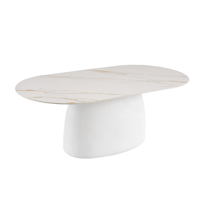 Modern oval table with marble-style top and white base on a white background