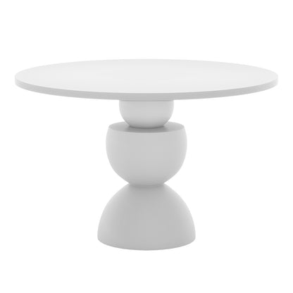 Carmen 120cm Indoor-Outdoor Concrete Dining Table - White features a smooth, round top resting on an artistic, curved pedestal base, ideal for stylish indoor or outdoor dining experiences.