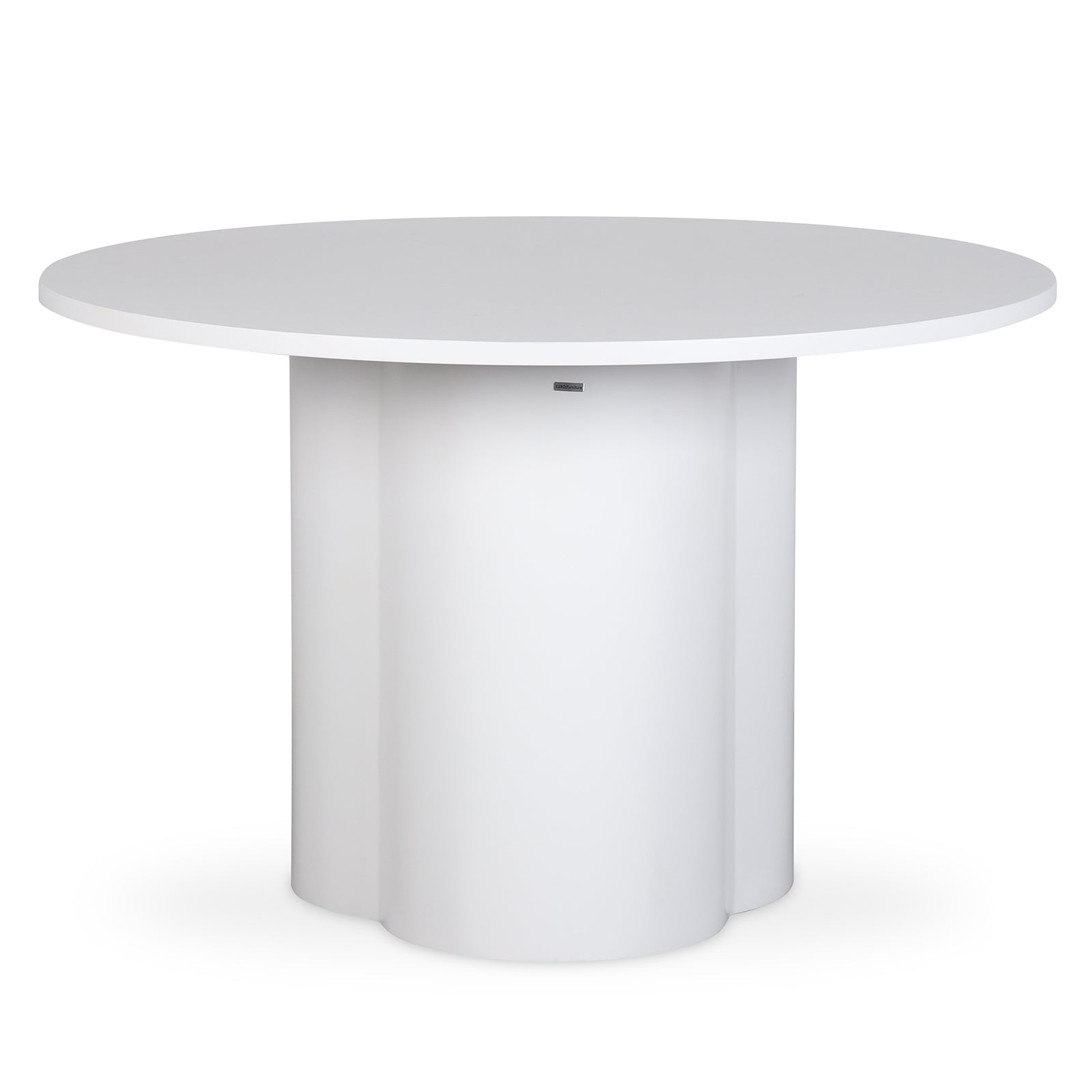 Cece 120cm Round Wooden Dining Table in White, featuring a minimalist round top and solid cylindrical base, ideal for compact spaces, comfortably seating four with its modern, fresh design.