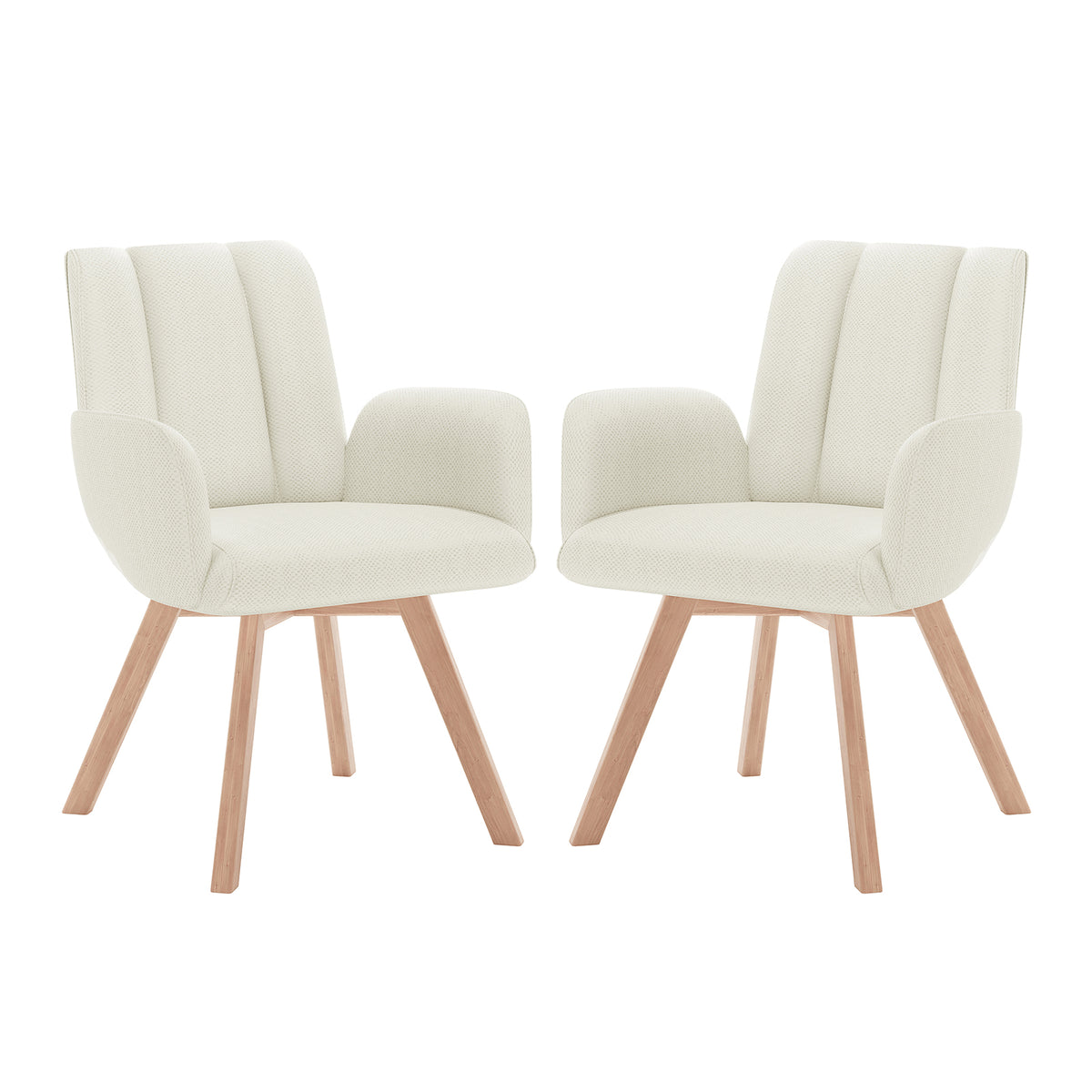 Clara Chenille Swivel Dining Chair Set of 2 - Off White, featuring a sleek white design with sturdy wooden legs, padded seat and backrest, and ergonomic armrests for enhanced comfort and style.