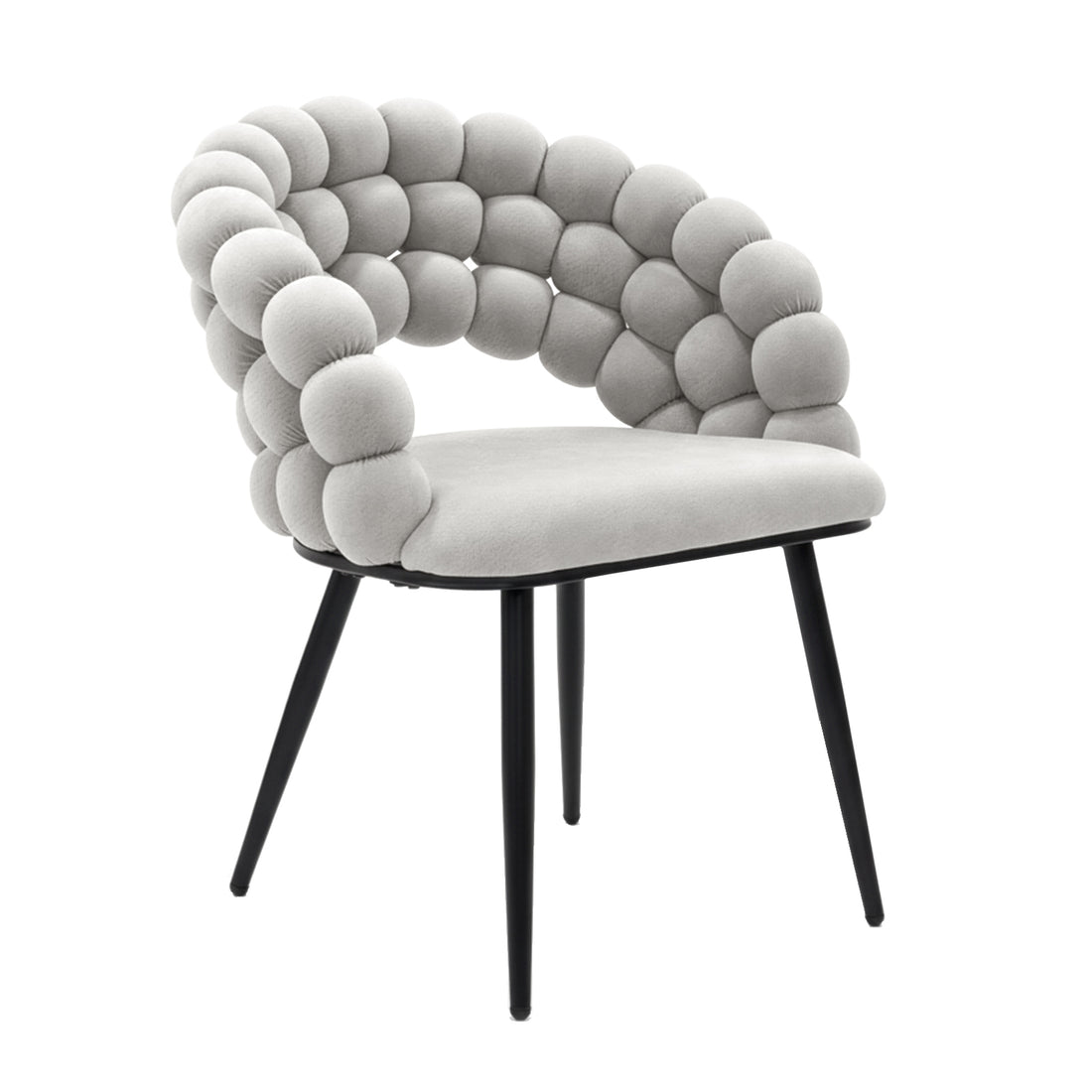 Claudine Velvet Curved Dining Chair Set of 2 in Warm Grey features bubble-style upholstered backrest and armrests, smooth seat cushion, and matte black tapered legs, blending contemporary design with comfort.
