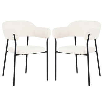 Clavin Boucle Dining Chair Set of 2 in Cream White, featuring softly curved off-white bouclé upholstery with slim black metal legs, offering a modern and elegant touch to any dining space.